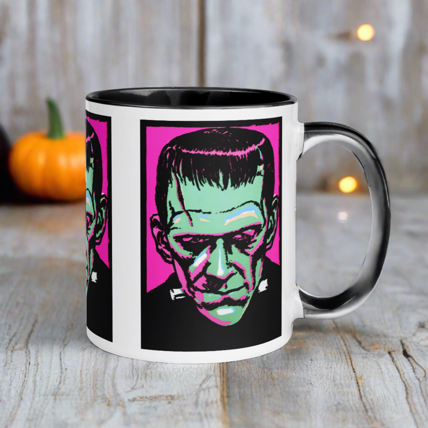 Frankenstein Monster Retro Halloween Print Lined Black Glossy Halloween Mug