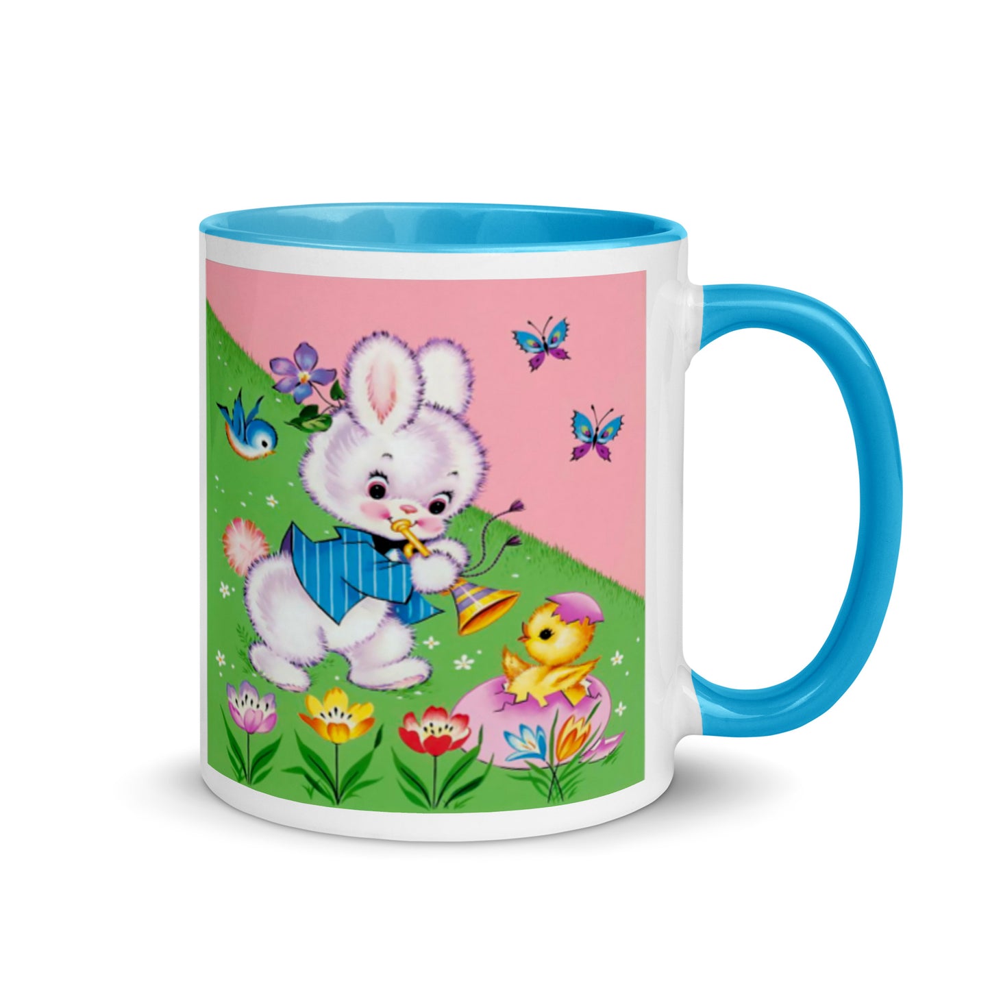 Easter Bunny Mid Century Retro Print Pink Lined Glossy Mug