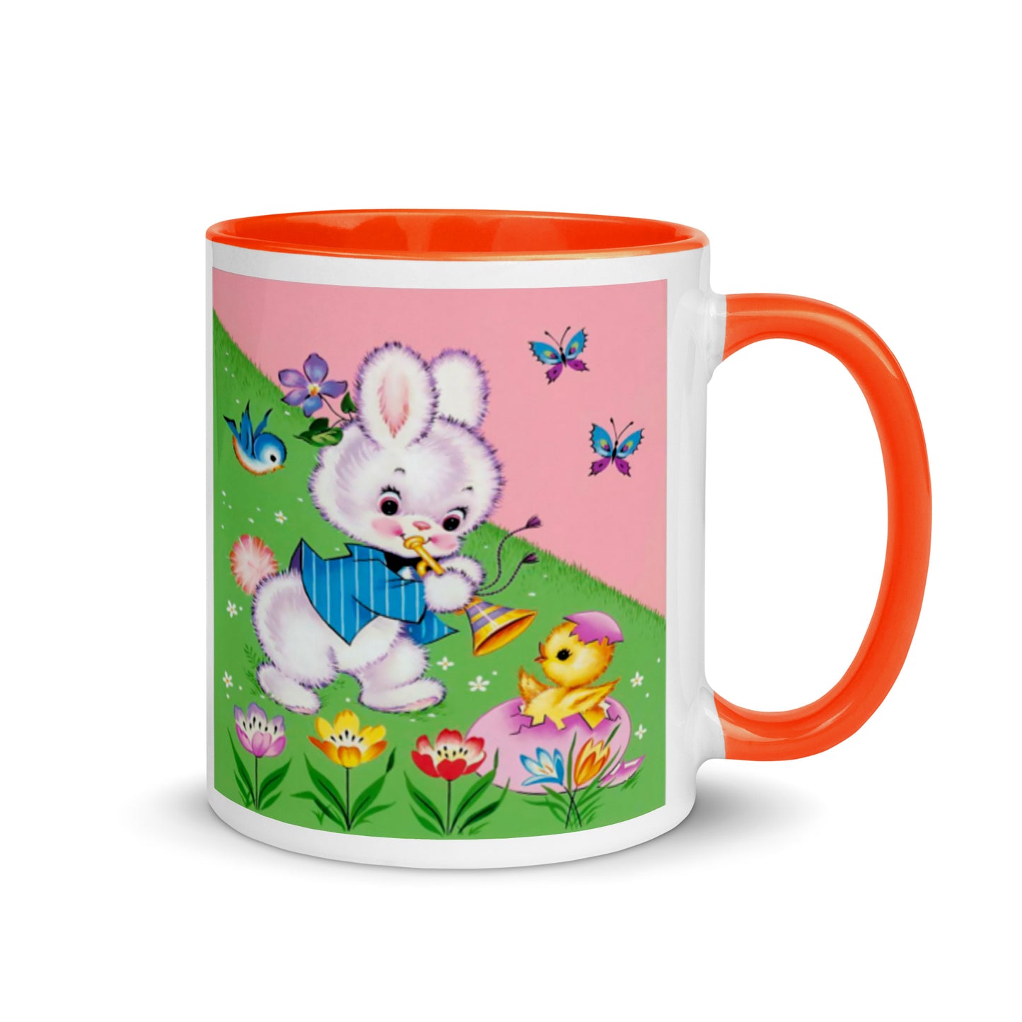 Easter Bunny Mid Century Retro Print Pink Lined Glossy Mug