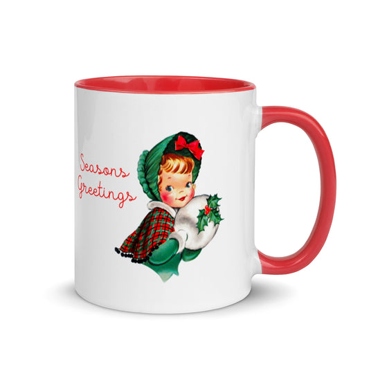 Season's Greetings Christmas Lady Lined Red Mid Century Retro Christmas Print Glossy Mug