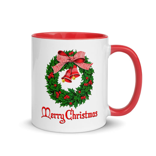 Merry Christmas Wreath Lined Red Mid Century Retro Christmas Print Glossy Mug