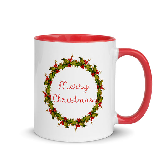 Merry Christmas Wreath Red Lined Mid Century Retro Christmas Print Glossy Mug