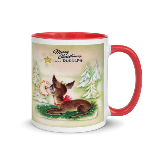 Merry Christmas Says Rudolph Lined Red Mid Century Retro Christmas Print Glossy Mug