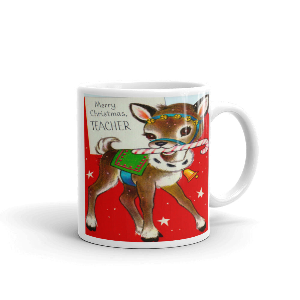 Merry Christmas Teacher Reindeer Mid Century Retro Christmas Print Glossy Mug