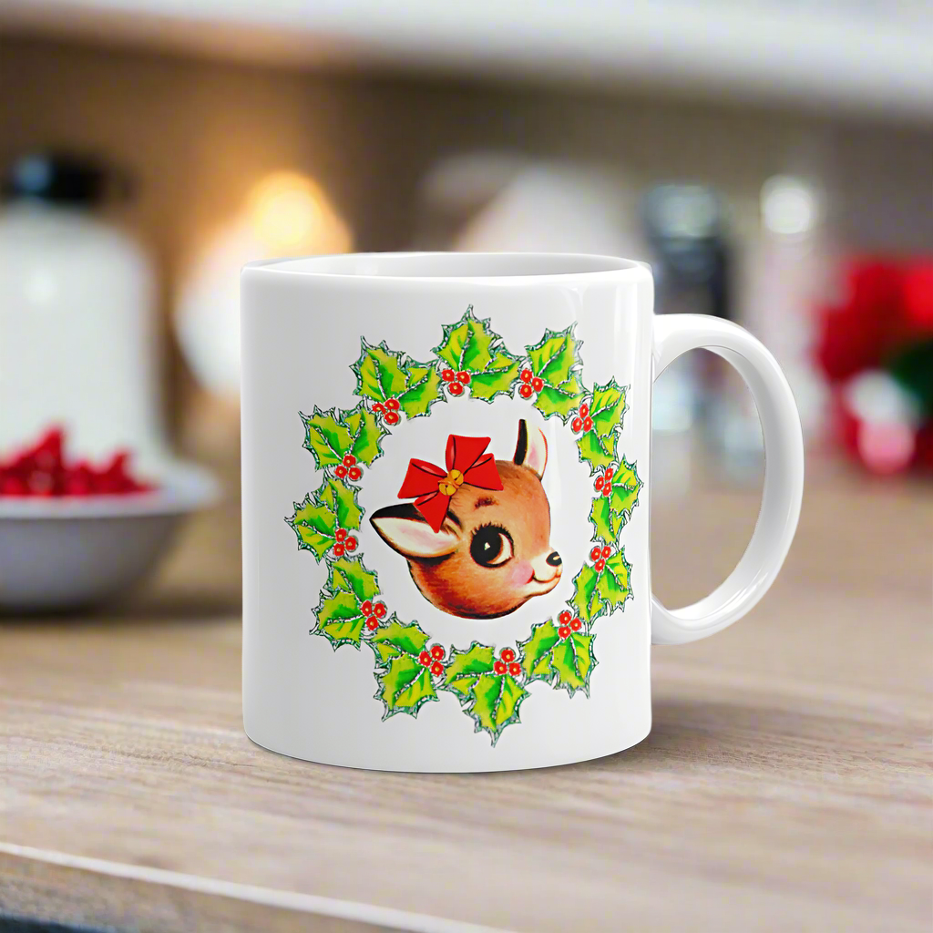 Christmas Reindeer With Bow In Holly Berry Wreath Mid Century Retro Christmas Print Glossy Mug