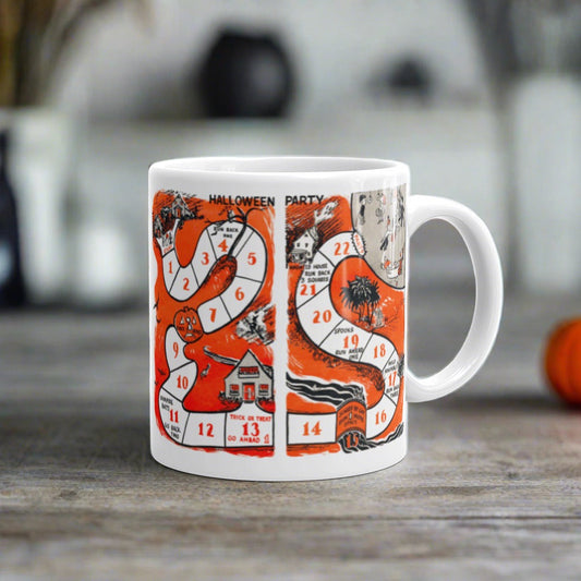 This ceramic glossy coffee mug features a retro Halloween board game titled Halloween Party. It has adorable illustrations including a spooky house, ghosts and trick or treaters. 