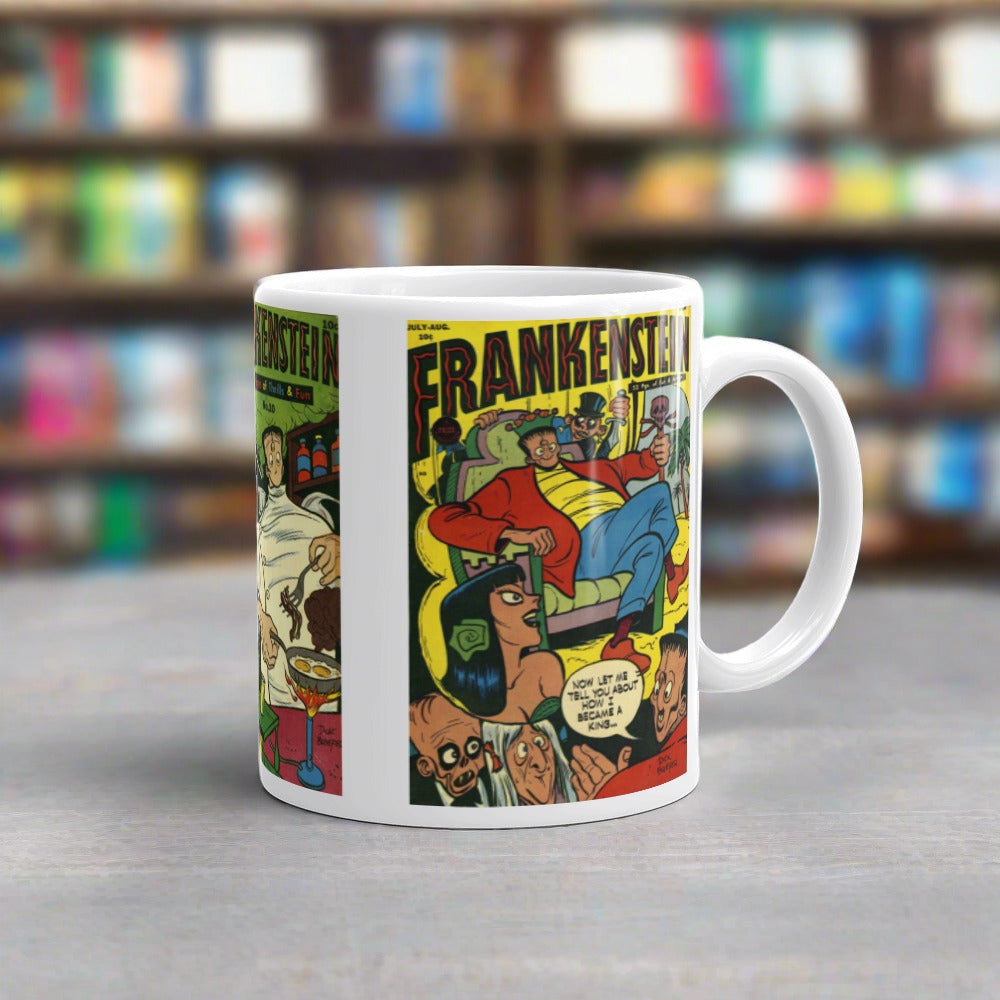 This white glossy mug features three covers from vintage comic book covers of Frankenstein. 