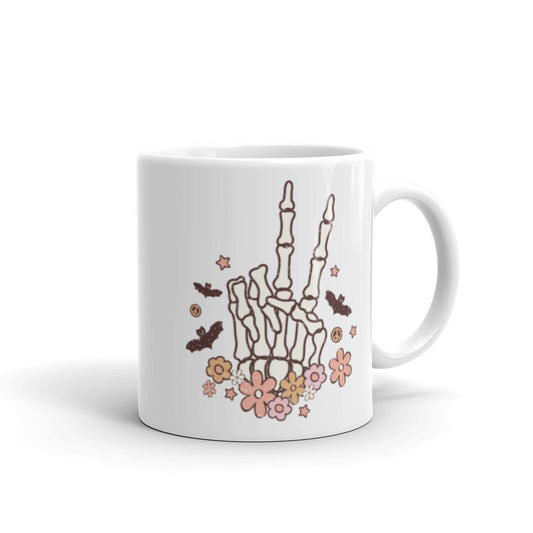 Retro Groovy Halloween Skeleton Peace Sign Mug