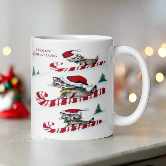 Merry Christmas Candy Cane Sledding Kittens Midcentury Retro Glossy Coffee Mug