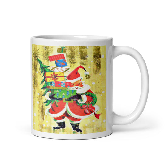 Santa With Presents Mid Century Retro Christmas Print Glossy Mug