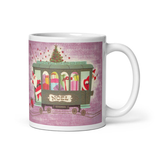 Noel Santas On Trolley Cute Trolley Mid Century Retro Christmas Print Glossy Mug