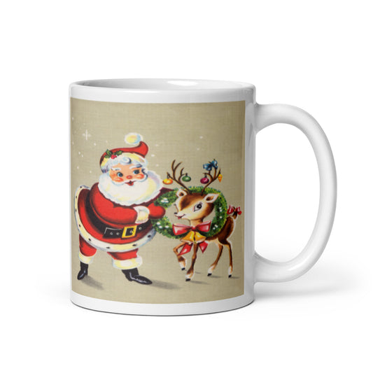 Santa With Reindeer Mid Century Retro Christmas Print Glossy Mug