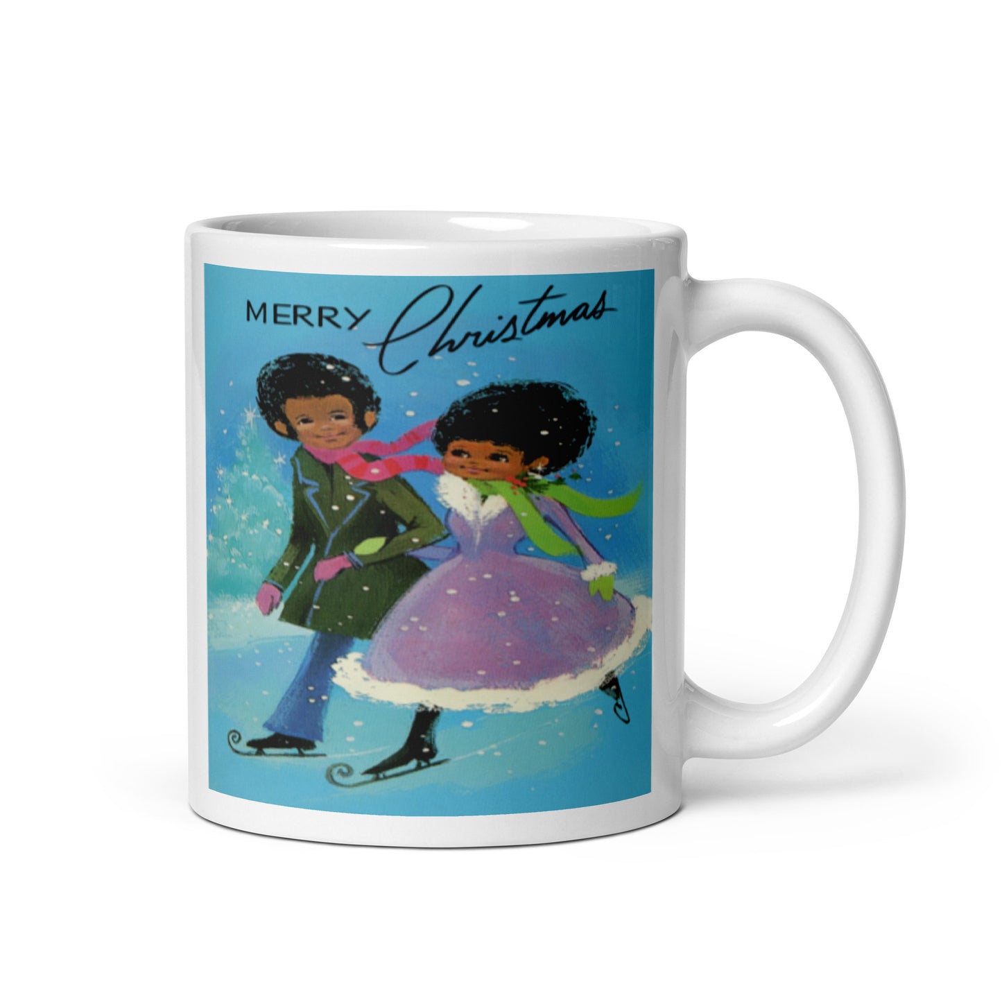 Merry Christmas Ice Skating Couple Mod Mid Century Retro Christmas Print Glossy Mug