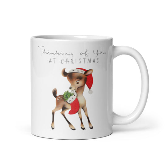 Thinking Of You Cute Reindeer Mid Century Retro Christmas Print Glossy Mug