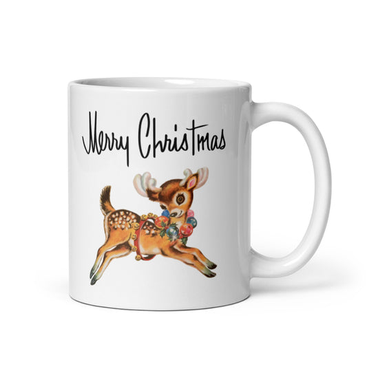 Merry Christmas Reindeer Mid Century Retro Christmas Print Glossy Mug