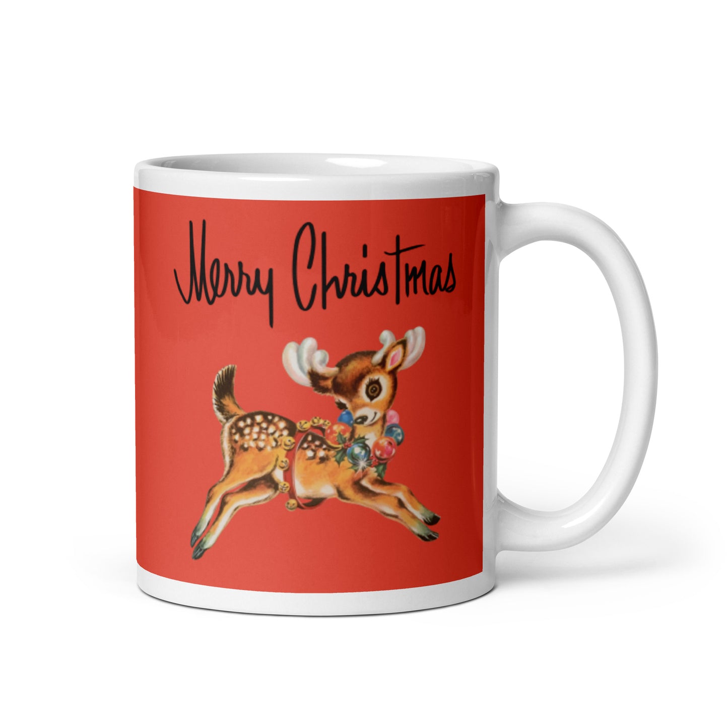 Merry Christmas Reindeer Mid Century Retro Christmas Print Glossy Mug