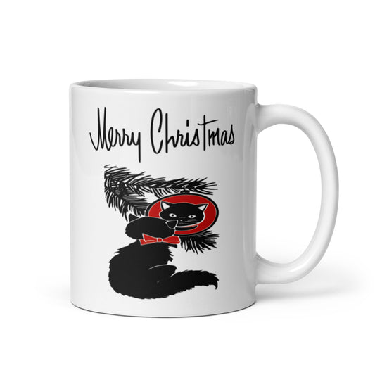 Merry Christmas Black Cat Ornament Tree Mid Century Retro Christmas Print Glossy Mug