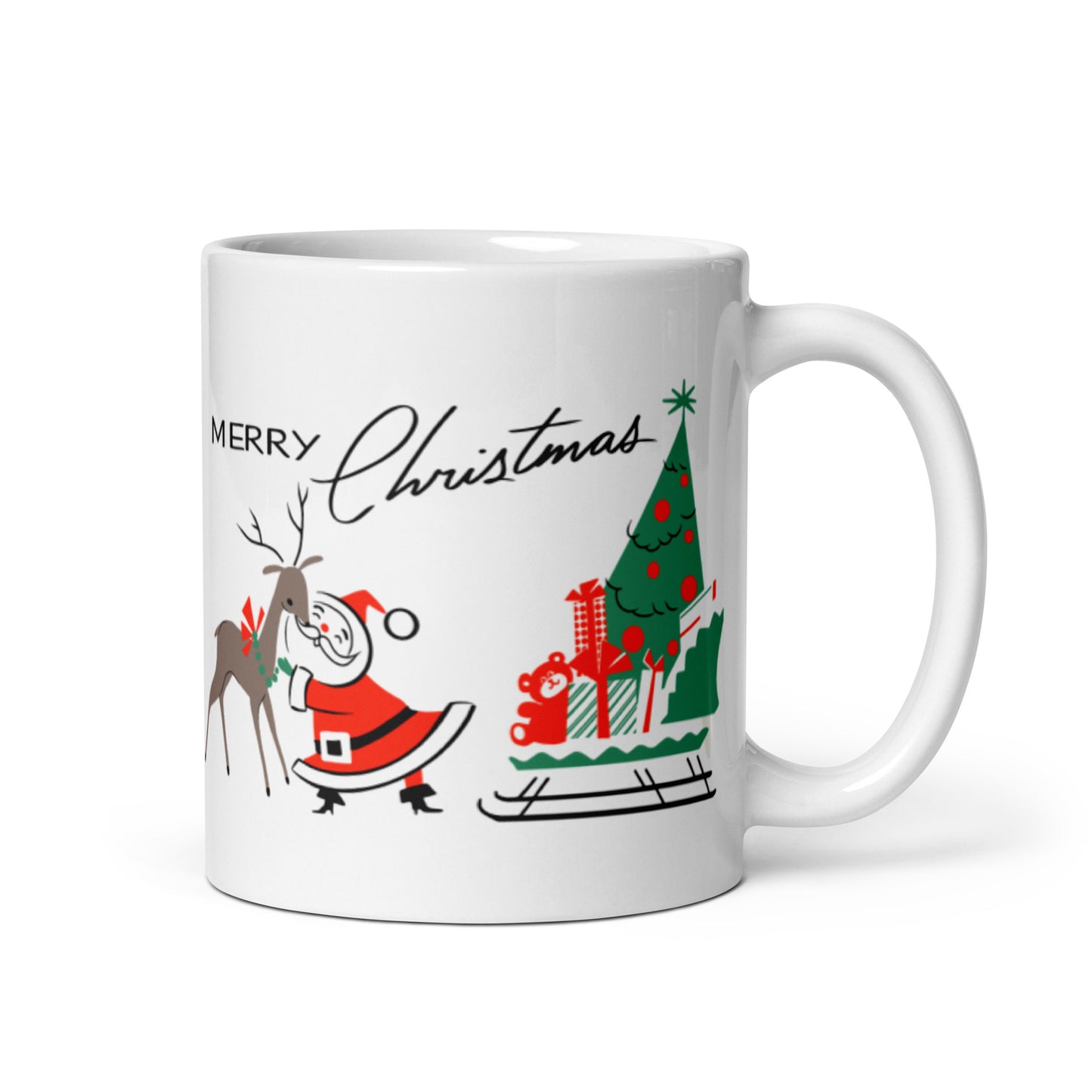 Merry Christmas Santa Reindeer Mid Century Retro Christmas Print Glossy Mug
