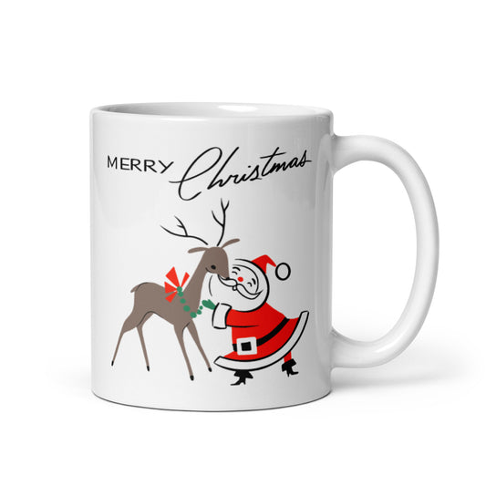 Merry Christmas Santa Reindeer Mid Century Retro Christmas Print Glossy Mug