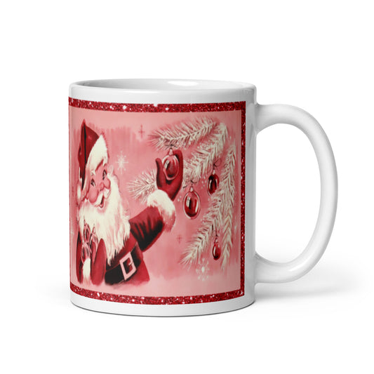 Pink Santa Mid Century Retro Christmas Print Glossy Mug