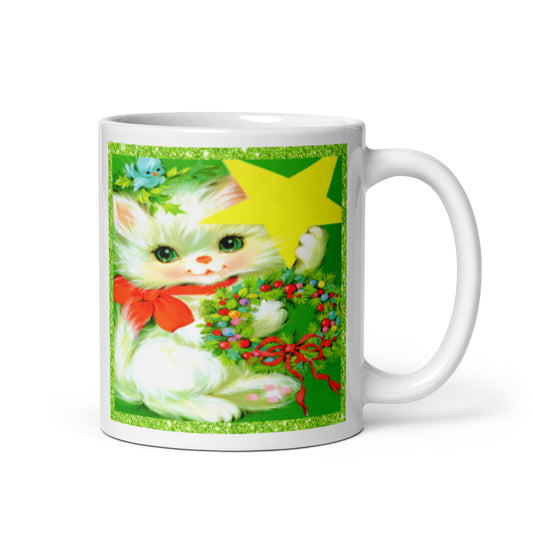 Christmas Kitten With Star Wreath Mid Century Retro Christmas Print Glossy Mug