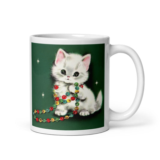 Christmas Kitten With Garland Mid Century Retro Christmas Print Glossy Mug