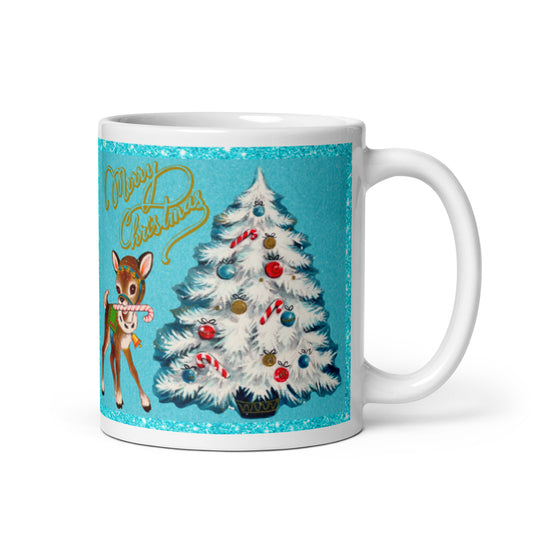 Merry Christmas Reindeer Tree Mid Century Retro Christmas Print Glossy Mug