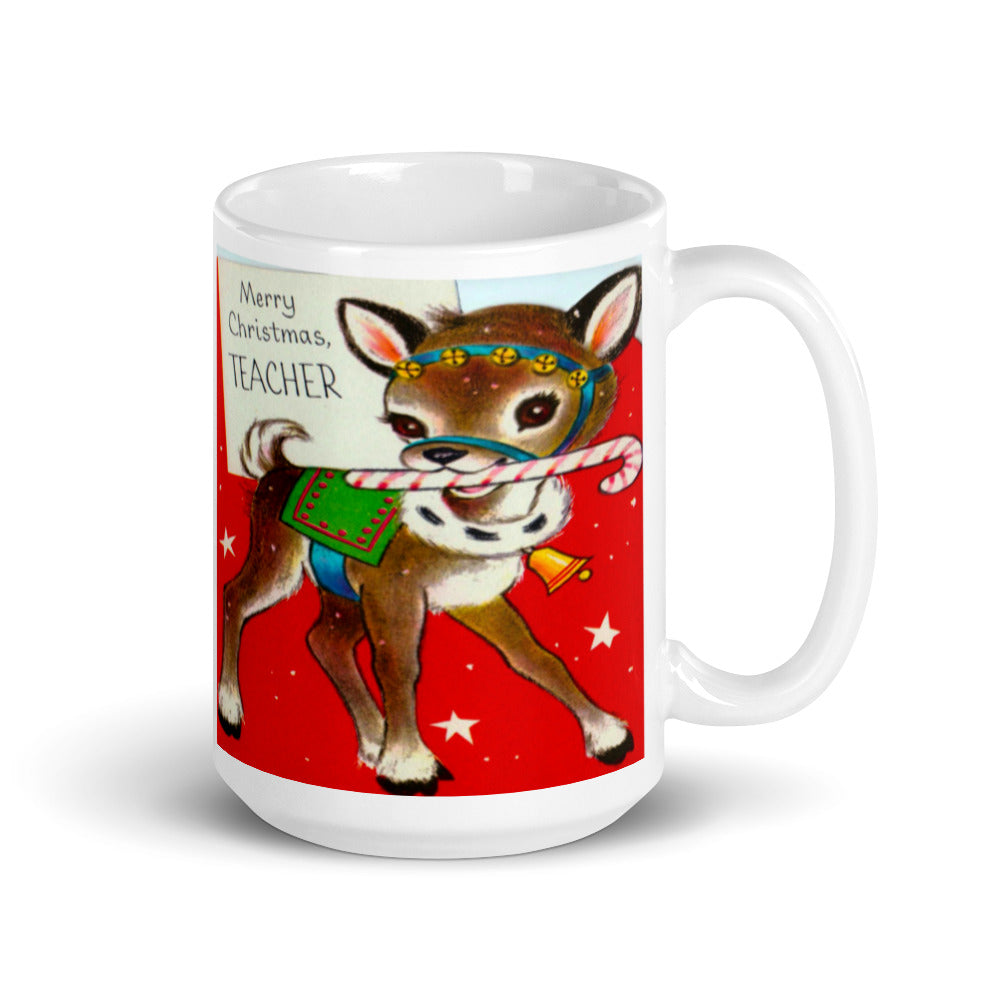 Merry Christmas Teacher Reindeer Mid Century Retro Christmas Print Glossy Mug