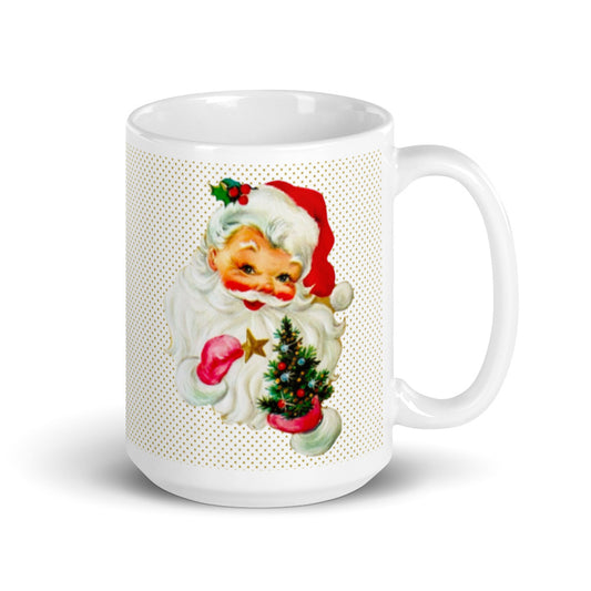 Santa With Tree Mid Century Retro Christmas Print Glossy Mug