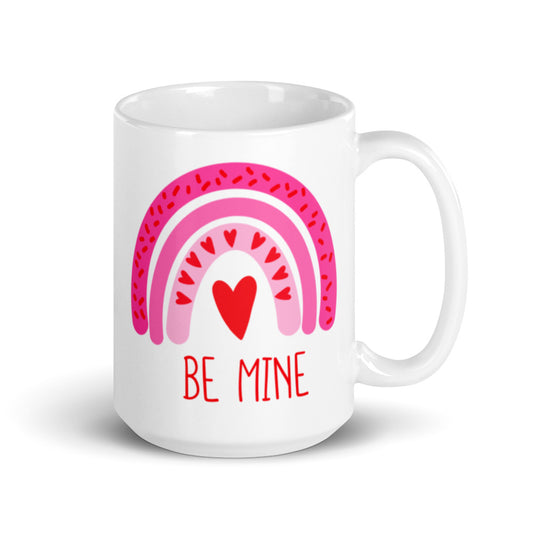 Boho Rainbow Heart Be Mine Mug - White Ceramic Glossy - Available in 11, 15, and 20 Ounces