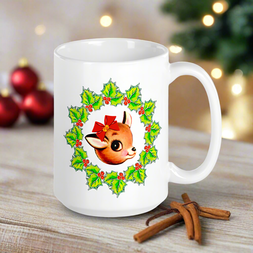 Christmas Reindeer With Bow In Holly Berry Wreath Mid Century Retro Christmas Print Glossy Mug