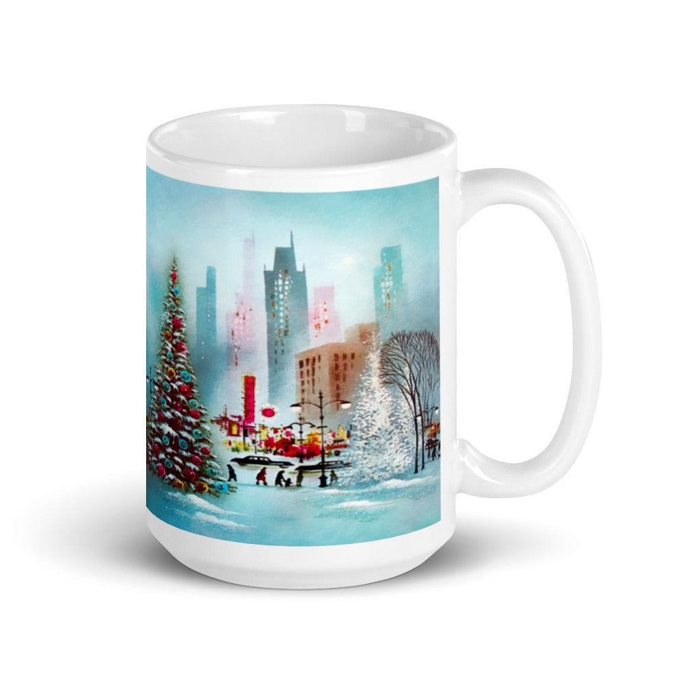 Vintage Style City Scene Mid Century Retro Christmas Print Glossy Mug