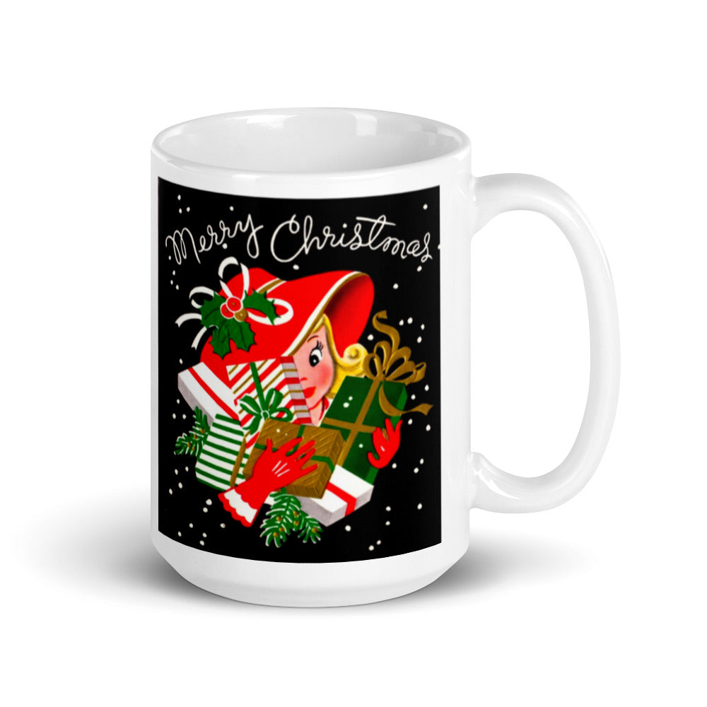 Christmas Lady With Presents Mid Century Retro Christmas Print Glossy Mug
