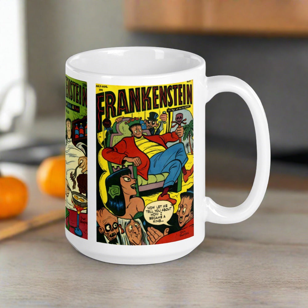 This white glossy mug features three covers from vintage comic book covers of Frankenstein. 