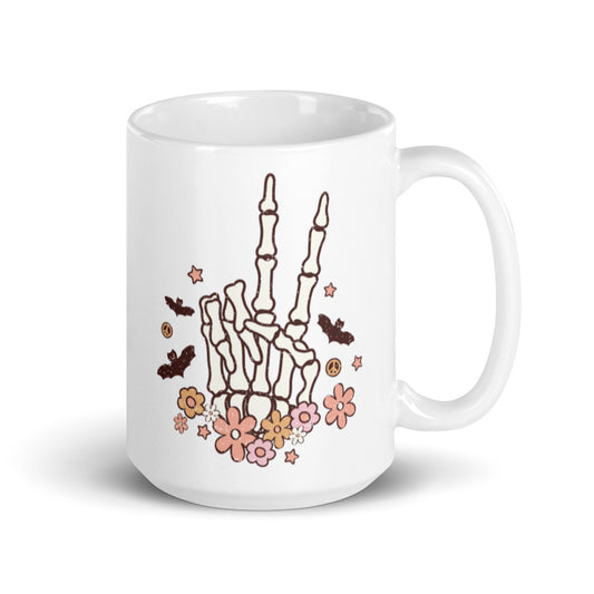 Retro Groovy Halloween Skeleton Peace Sign Mug