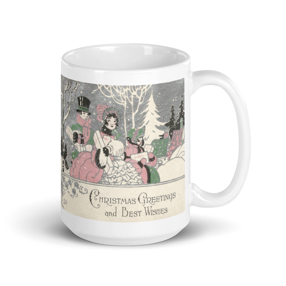 Christmas Greetings And Best Wishes Couple Deco Retro Christmas Print Glossy Mug