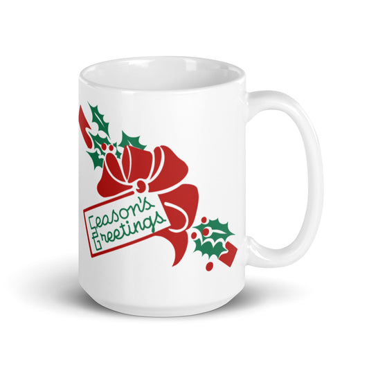 Season's Greetings Bow And Holly Mid Century Retro Christmas Print Glossy Mug