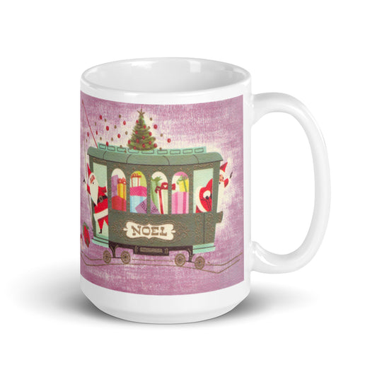 Noel Santas On Trolley Cute Trolley Mid Century Retro Christmas Print Glossy Mug