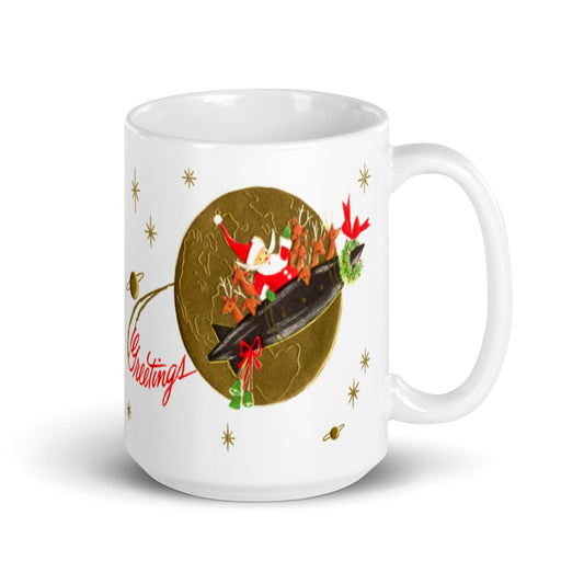 Santa On Rocket Mid Century Retro Christmas Print Glossy Mug