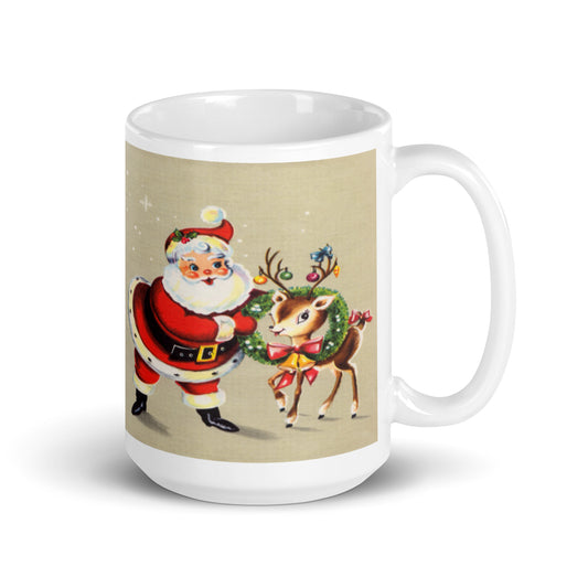 Santa With Reindeer Mid Century Retro Christmas Print Glossy Mug