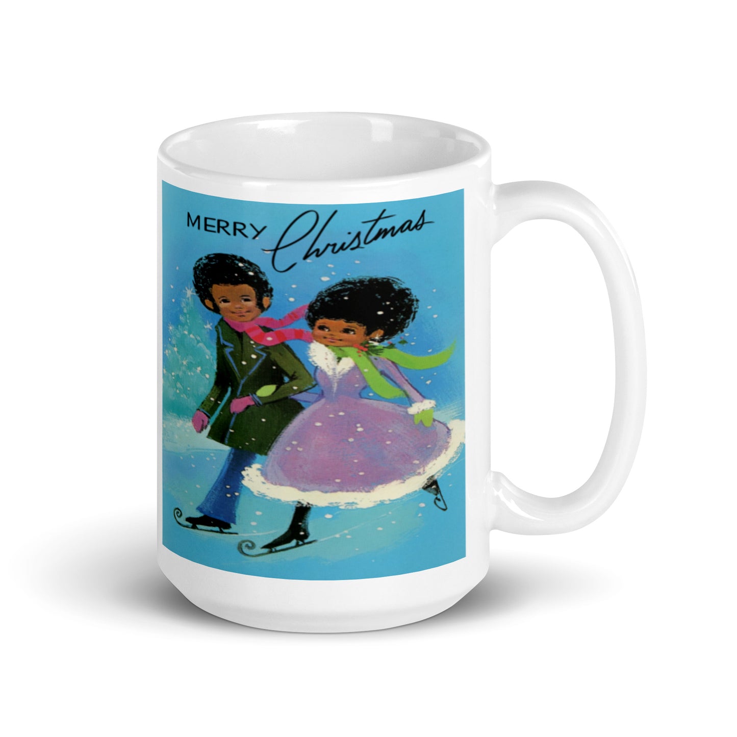 Merry Christmas Ice Skating Couple Mod Mid Century Retro Christmas Print Glossy Mug