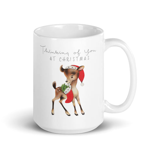 Thinking Of You Cute Reindeer Mid Century Retro Christmas Print Glossy Mug