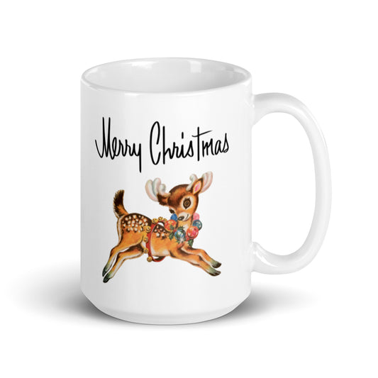 Merry Christmas Reindeer Mid Century Retro Christmas Print Glossy Mug