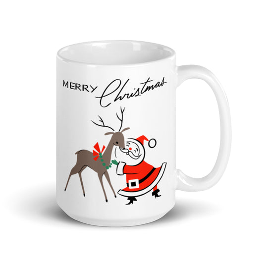 Merry Christmas Santa Reindeer Mid Century Retro Christmas Print Glossy Mug