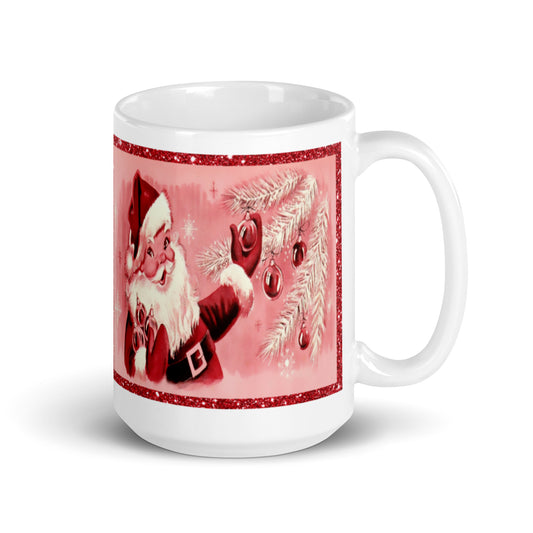 Pink Santa Mid Century Retro Christmas Print Glossy Mug