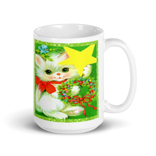 Christmas Kitten With Star Wreath Mid Century Retro Christmas Print Glossy Mug