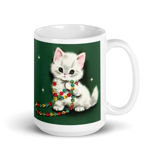 Christmas Kitten With Garland Mid Century Retro Christmas Print Glossy Mug