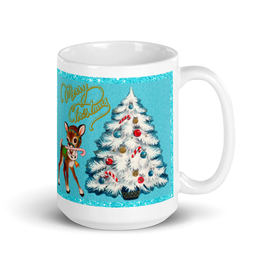 Merry Christmas Reindeer Tree Mid Century Retro Christmas Print Glossy Mug