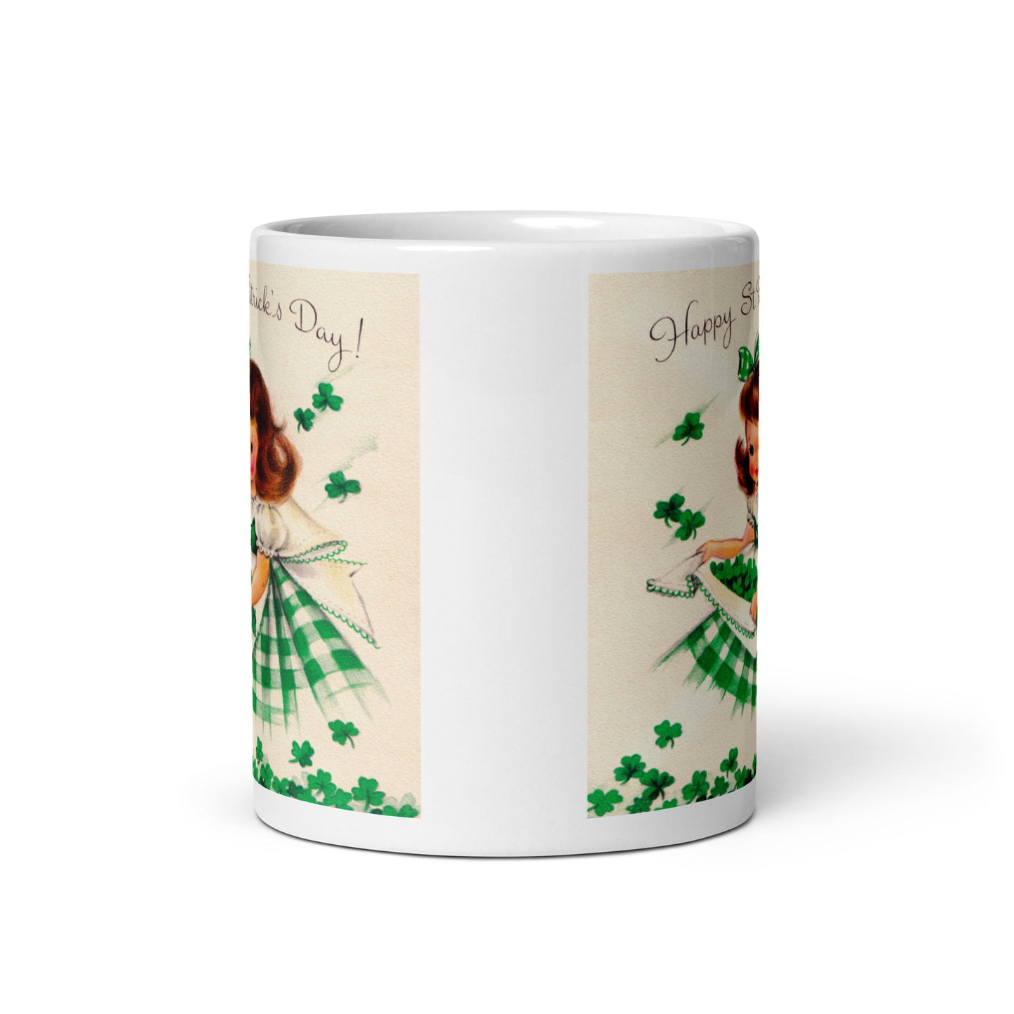 Mid Century Retro St. Patrick's Day Ceramic Coffee Mug - Kitschy Clover-Gathering Girl - Spring Decor - Three Size Options