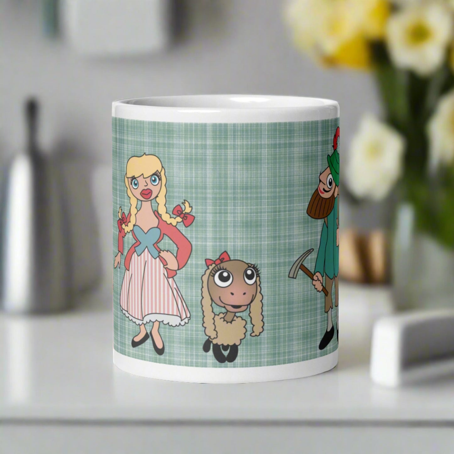 This ceramic glossy coffee mug features characters from the Lonely Goatherd scene in The Sound of Music with a plaid green background.